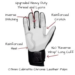 Bruce Bolt PREMIUM PRO Chrome Series Long Cuff Batting Gloves: Black -Baseball Supply Store LC CHRB PALM CALLOUTS